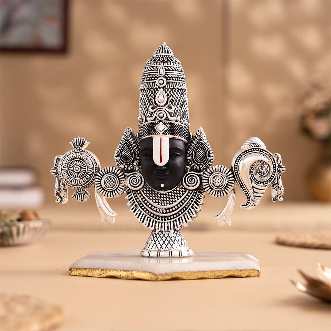 

Tirupati Balaji Face Idol | Antique Silver Plated Venkateswara Murti | Spiritual Resin Idol for Home Temple, Pooja Room & Gift (7 Inch)