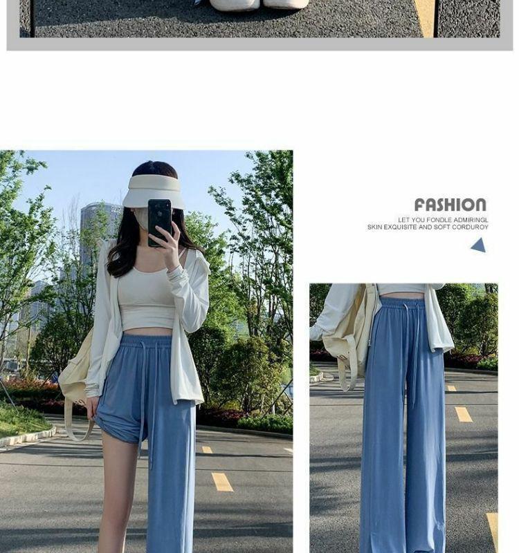 Plus Size Women's High-Waisted Wide-Leg Ice Silk Summer Pants with Split Drape and Sun Protection.