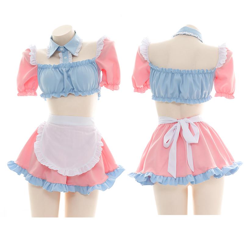 Cute Candy Girl Lolita Pink Blue Maid Dress Anime Princess Cosplay Underwear Set Pajamas Women Sexy Sweet Nightdress Drop Ship