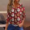 Women's Fashionable Casual Christmas Printed V-neck Three-quarter Sleeve Decorated Button Top