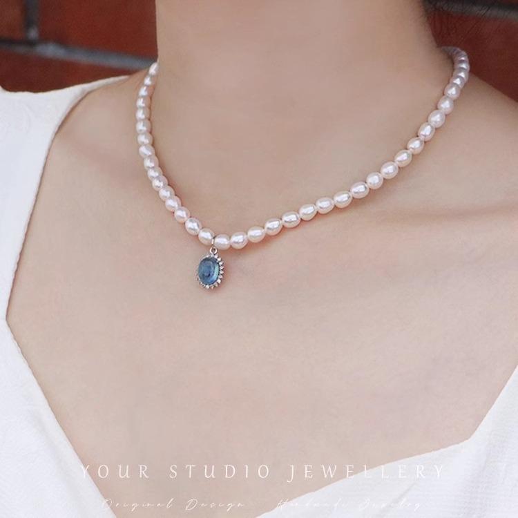 

Tears Of The Sea, Strong Light Rice Grain Freshwater Pearl Necklace Aquamarine S925 Sterling Silver Valentine S Day Gift Temperament Necklace