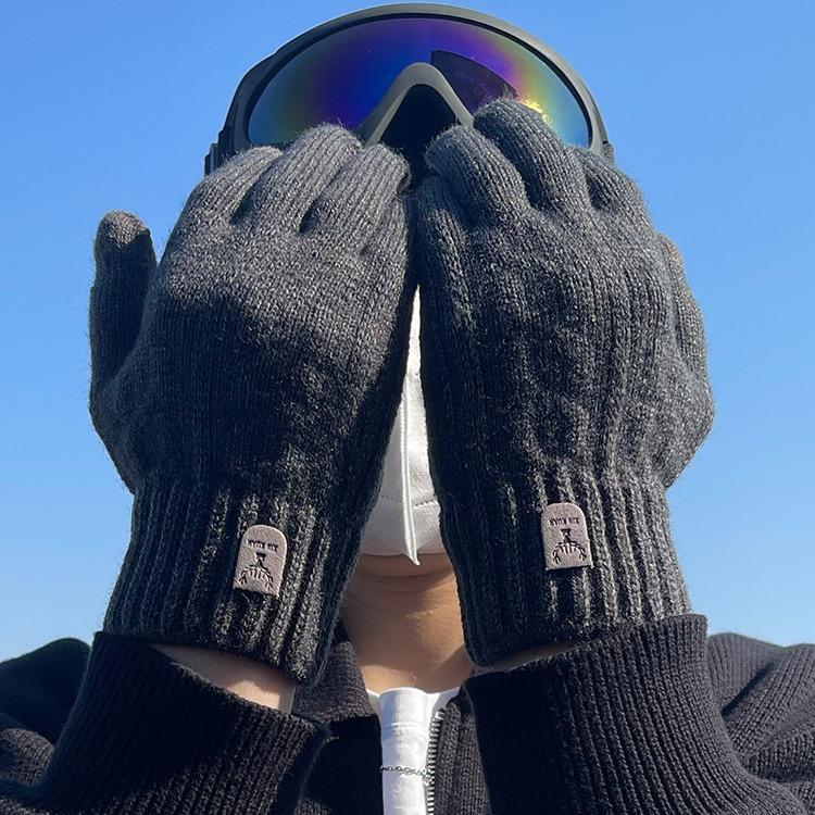 Warm Gloves for Men In Autumn and Winter Touch Screen Wool Knitted Electric Bike Riding and Driving Plus Velvet Thickening Students Prevent Cold