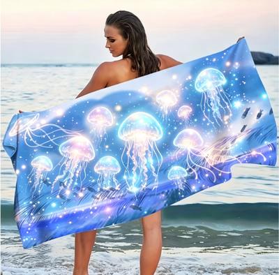 Stor strandhandduk i mikrofiber, Blått tryck med val i havet, Sandfri & Snabbtorkande, för sommarstrand & poolbruk