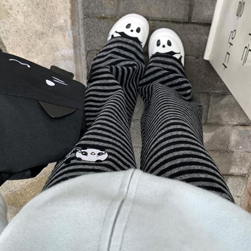 Harajuku Cartoon Embroidery Pants Women Kawaii Striped Loose Casual Korean Trouser Y2K Subculture Vintage Female Wide Leg Pants