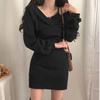 Women's French Velvet Camisole Dress & Long Sleeve T-shirt Set - Slim Fit, Solid Color