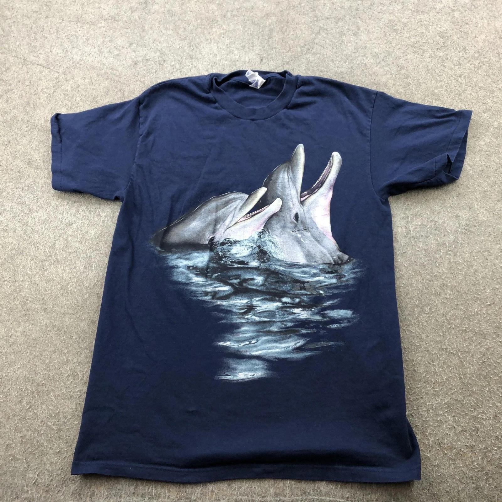 Vintage Nature Shirt Mens Medium Navy Blue Graphic Dolphins Ocean Marine Life XL