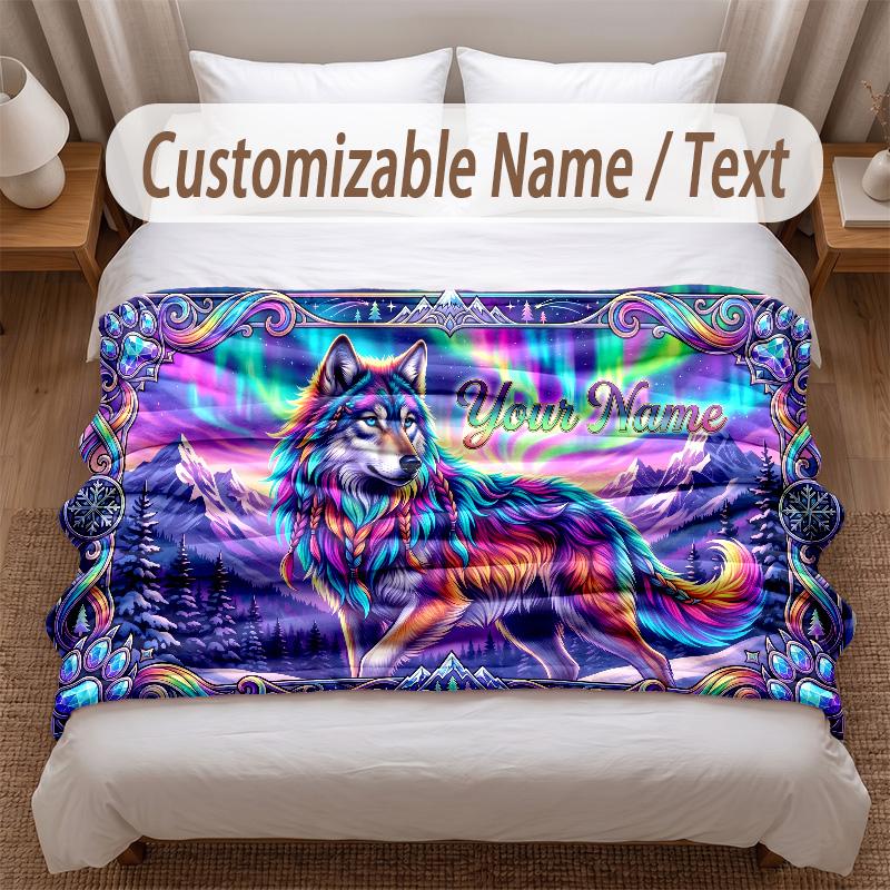 Wolf Theme Soft Blanket Personalized Custom Name Text Print Warm Blanket Home Sofa Bedroom Decor
