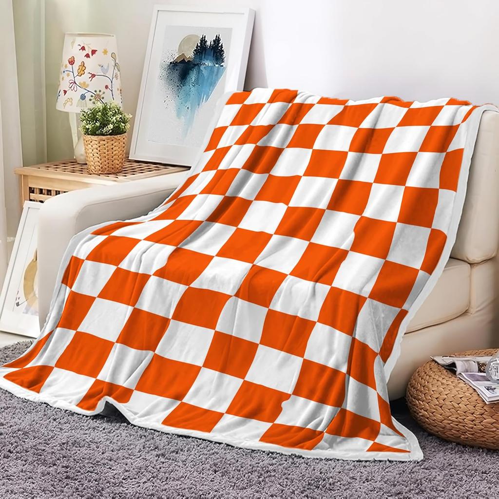 Checkered Blanket, White Orange Checkerboard Modern Minimalist Vintage Throw Blanket for All Seasons, Girl Woman Gifts Lightweight Soft Plush