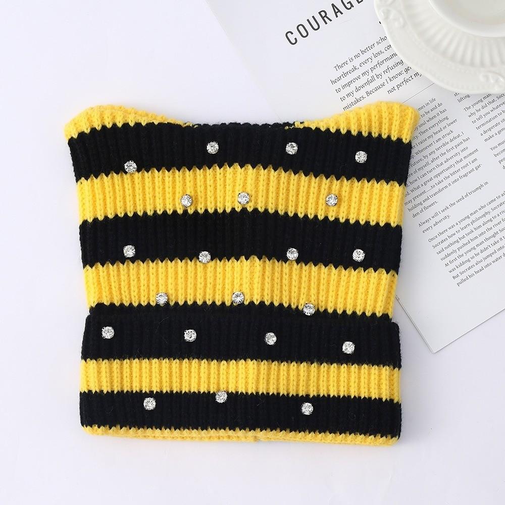 Yarn Cat Ear Beanie Stretchable Knit Striped Hat Gifts Knitted Beanie Hat Spring Autumn Winter