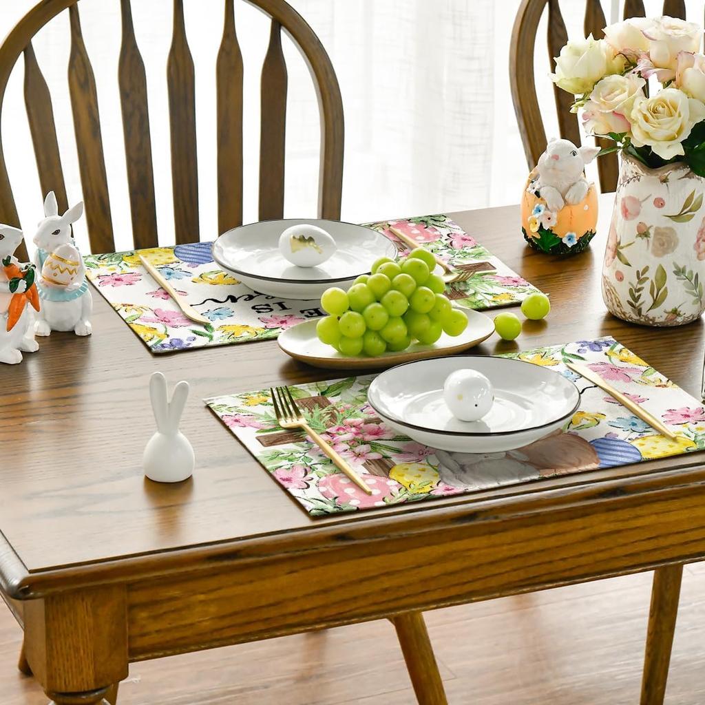 Hase Kaninchen Blume Bunt Eier Ostern Tischsets 4er Set, Druckmuster Tischmatten für Party Küche Esszimmer Dekoration