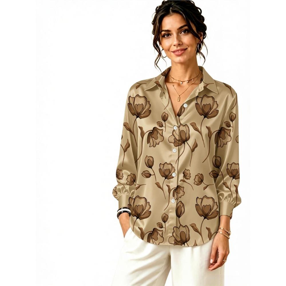 Women Lapel Long Sleeve Green Big Floral Print Shirt, Simple Thin Blouse for Office Work, Daily Wear & Holiday