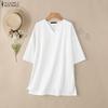 ZANZEA Women Casual V Collar 3/4 Sleeve Solid Color Loose Long Tunic Blouse