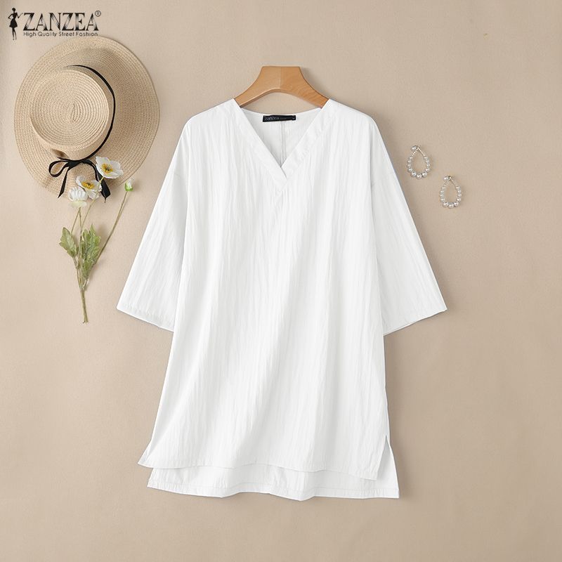 ZANZEA Women Casual V Collar 3/4 Sleeve Solid Color Loose Long Tunic Blouse