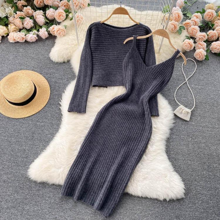 Women Autumn Winter Knit Set Slim Solid Color Two Piece All Match Crop Sweater Hip Dress For Ladies