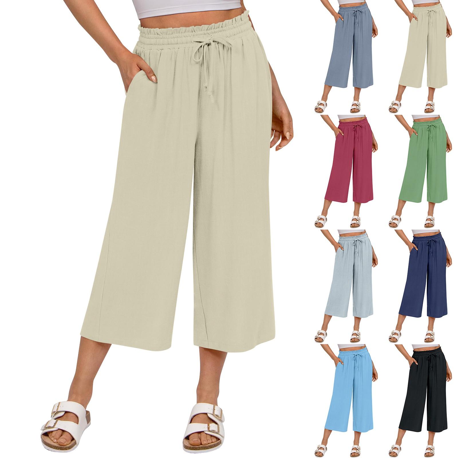 

Women s Square Pocket Elastic Waist Cropped Pants Casual Cotton And Linen Pants S