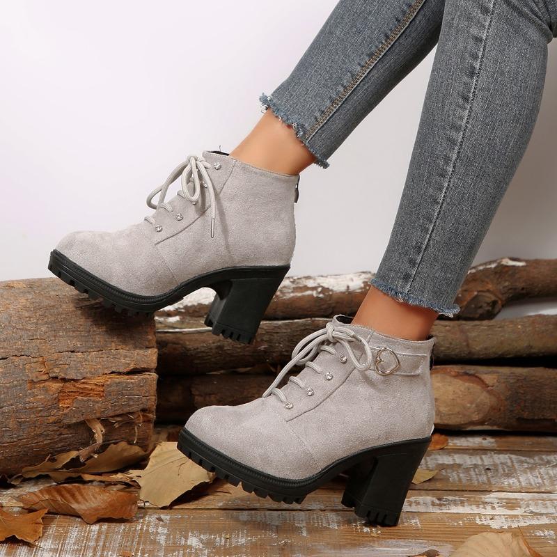 Naked Boots Fashion Round Toe Lace-Up Rhinestone Rear Zip Platform Non-Slip Block Heel Shoes for Women