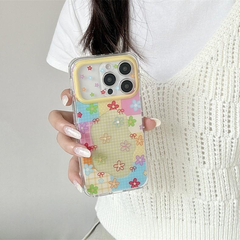 Niche Plaid Color Block 3D Floral Case for iPhone 17, 16 Pro Max, 15, 14