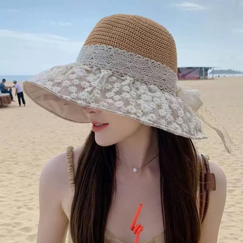 Summer new seaside vacation sunshade sunscreen hat women's lace flower splicing bucket hat fashionable foldable cool hat