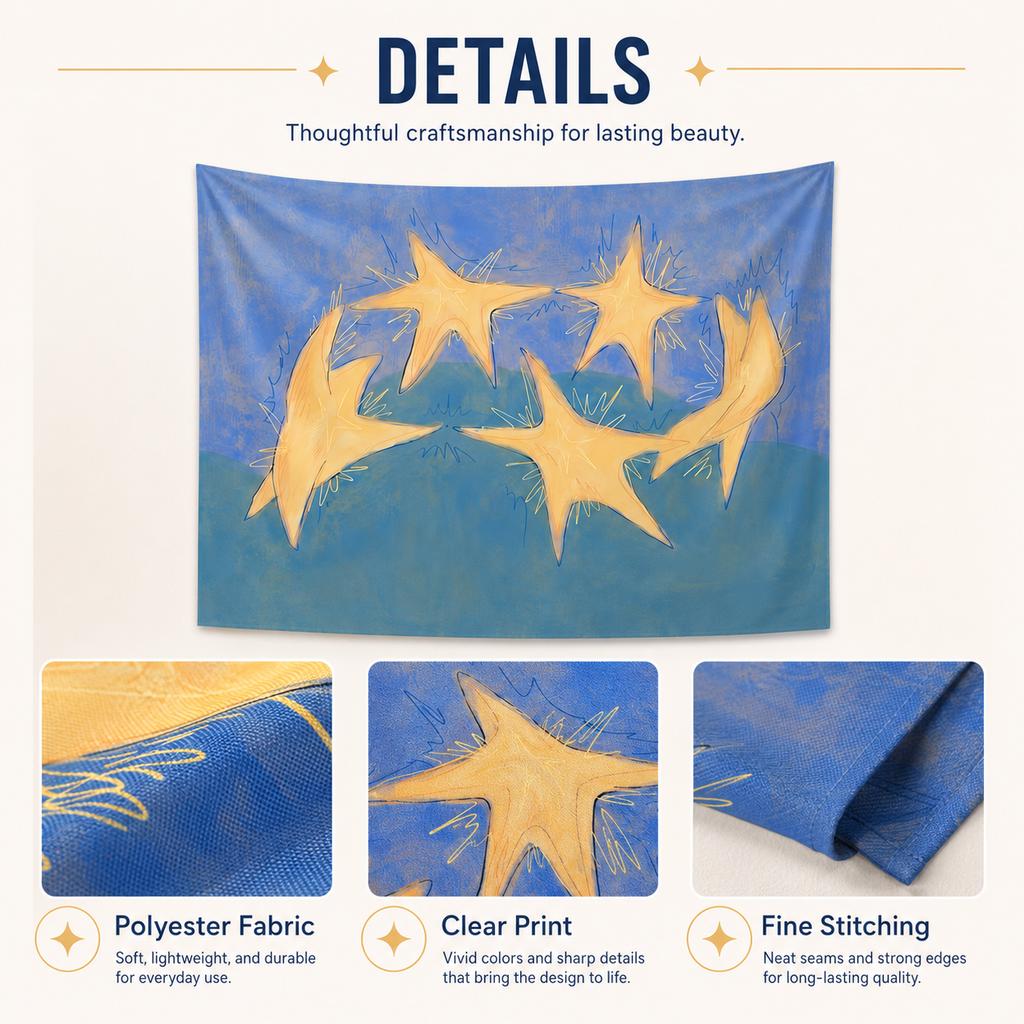 Modern Yellow Star Tapestry Flat Print Blue Background Wall Hanging For Office Dorm Bedroom Aesthetic Room Decor Wall Cloth