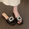 French rhinestone square buckle open-toed slippers women's shoes wear 2025 summer with skirt silver thick heel sandals