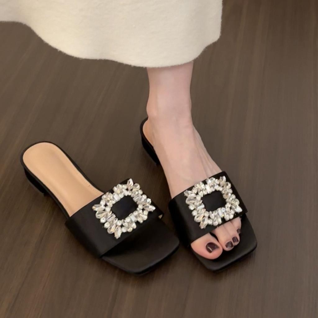 French rhinestone square buckle open-toed slippers women's shoes wear 2025 summer with skirt silver thick heel sandals
