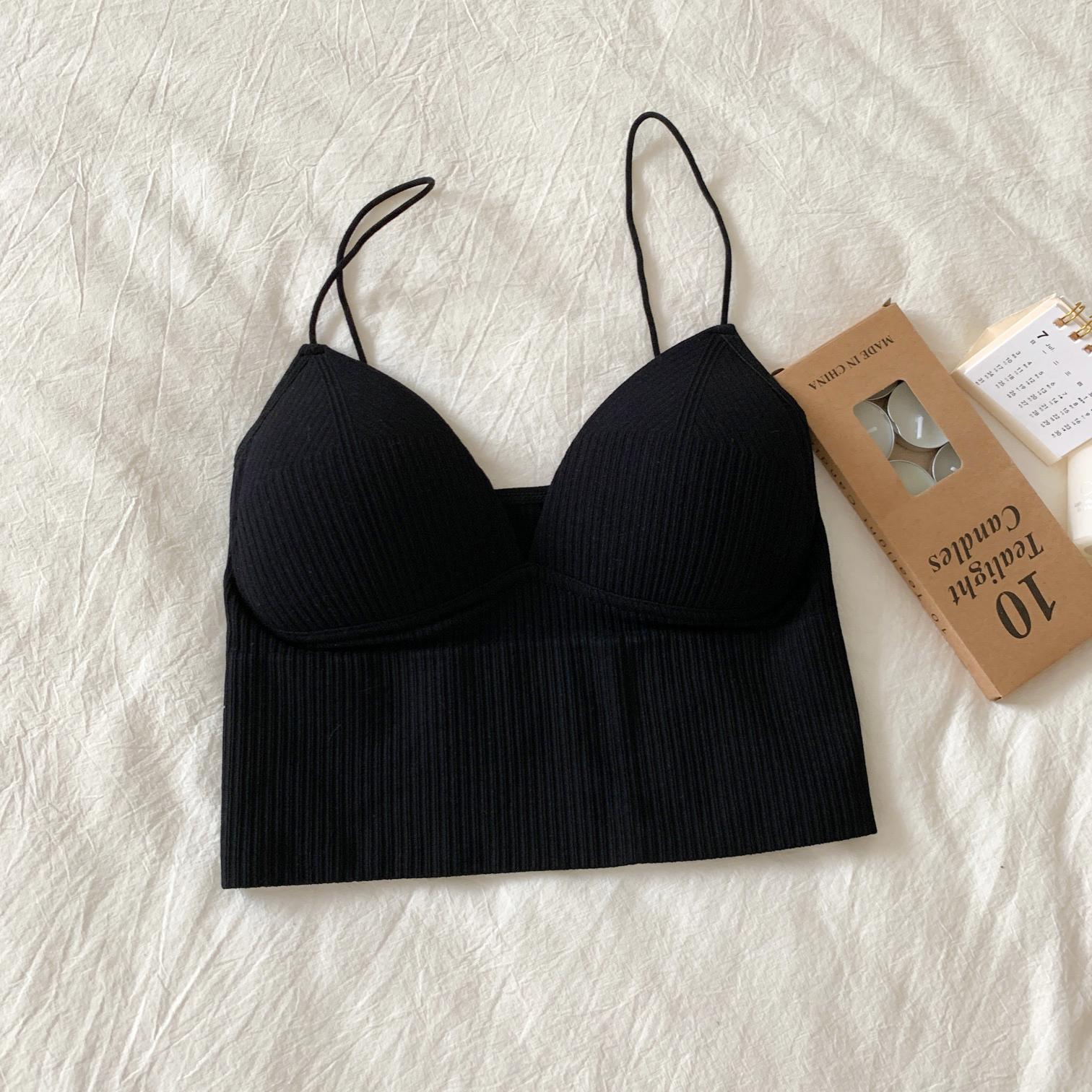 

ITOOLIN женское базовое нижнее белье мягкий бюстгальтер-спагетти однотонный укороченный топ майка с бюстгальтером женские топы на бретелях One Size чёрный