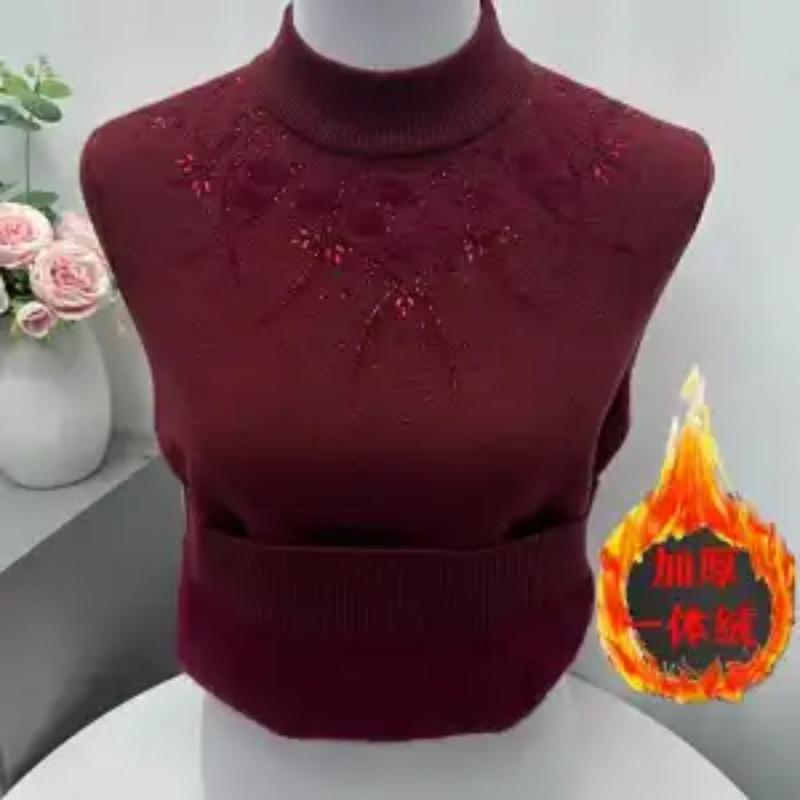 Women's Solid Ironing Diamond Pullover Plus Velvet Thickened Sweater Base Shirt Fashionable Top
