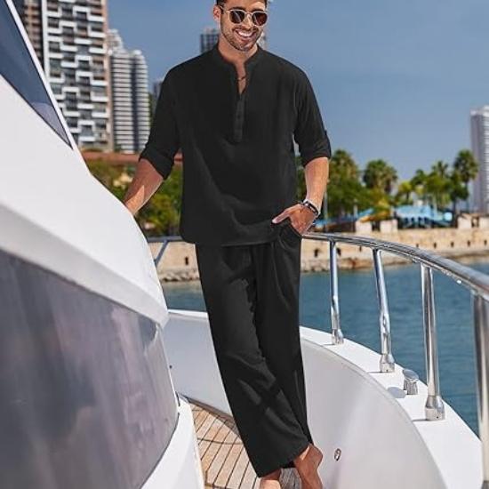 Men's Long Sleeve Shirt and Pants Suits Men Beach Wear Tracksuit Solid Color Shirts Sweatpants Hawaiian Vacation Men's Clothing