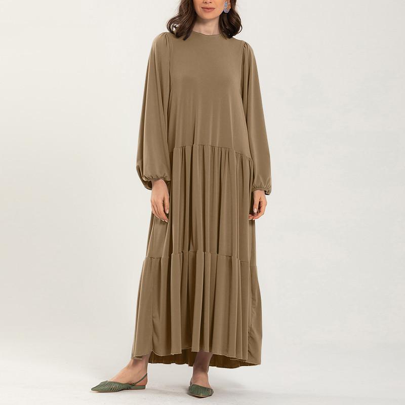 Minimalist Design Round Neck Pleated Loose Mid Length Long Sleeved Dress for Women Casual Dresses