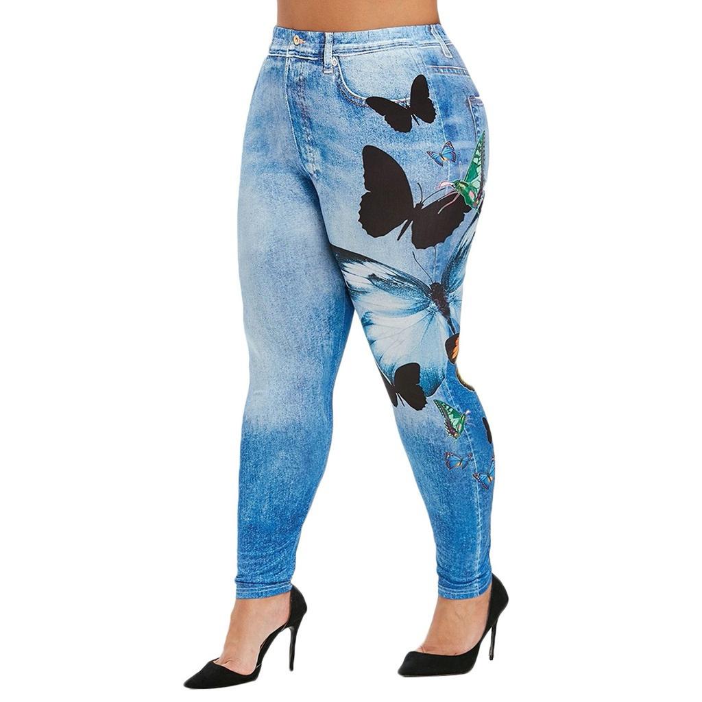 New Women Fashion Plus Size Butterfly Print Skinny Casual Faux Denim Long Pants