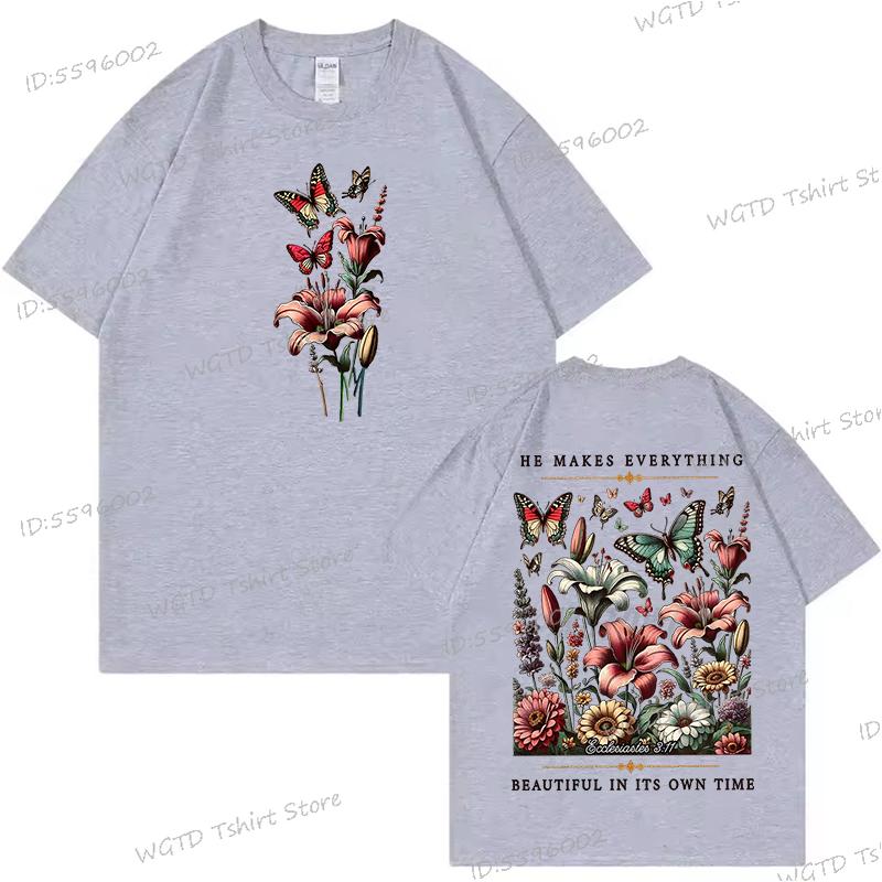 Christian Floral Vintage Boho T-shirt Women He Makes Everything Beautiful Graphic Tee Inspirational Retro Flower Religious Shirt