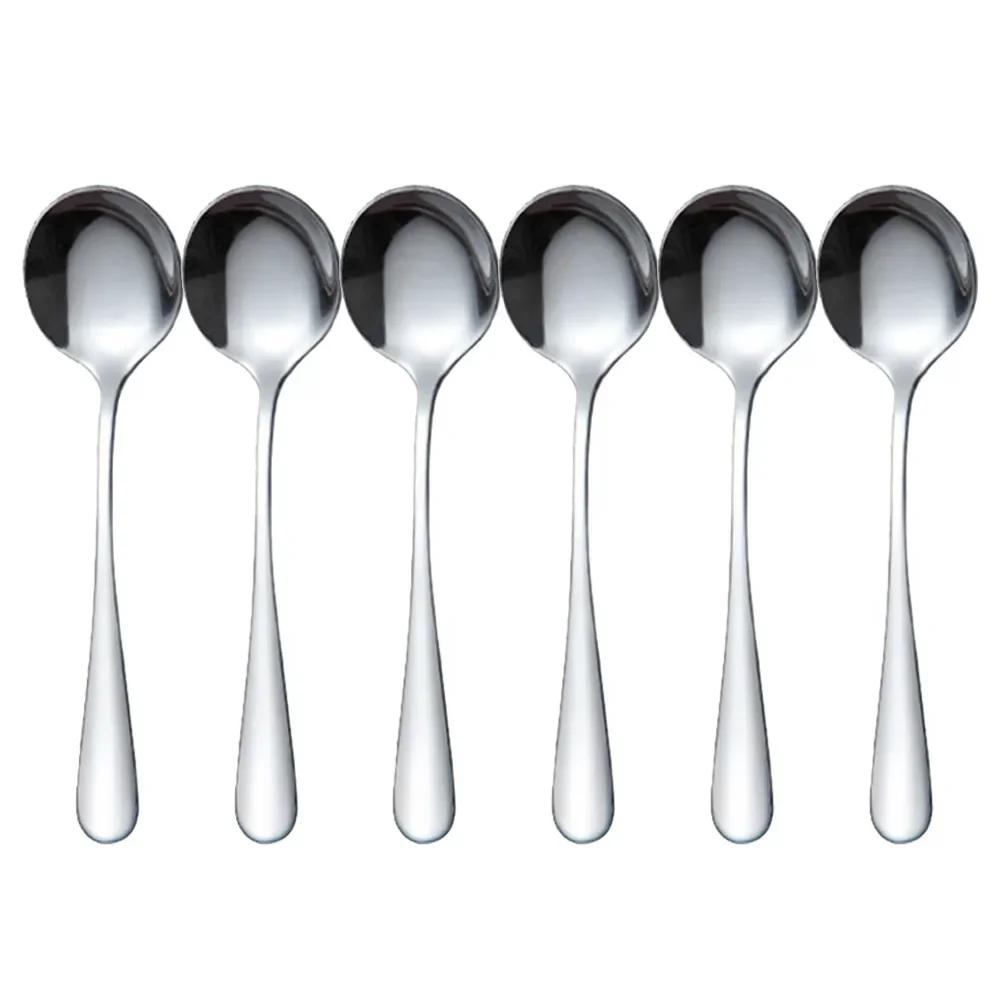 Round Spoons Soup Spoons 6Pcs Bouillon Spoon Hotel Hot Pot Spoon Kitchen Essential Tools Long Handle Soup Ladle