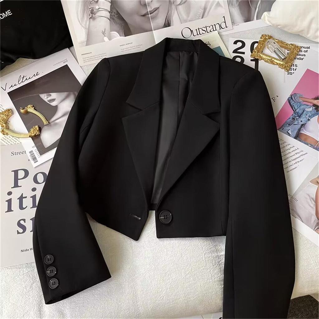 Fashion Cropped Blazers Jacket Women Long Sleeve Office Ladies Streetwear Solid Color Single Button Short Suit Coat
