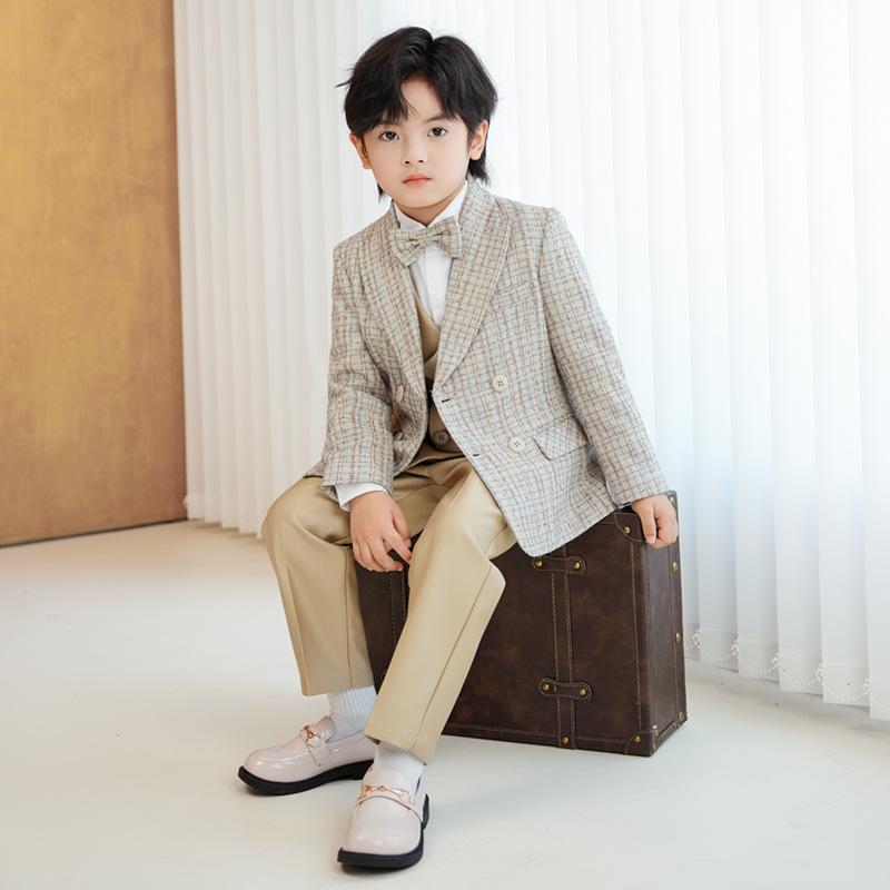 Boys Khaki 4 Piece Suit Shawl Lapel Double Breasted Vest Set White Shirt Plaid Bow Tie Pants Kids Wedding Flower Gentleman Formal Party Photo Outfit