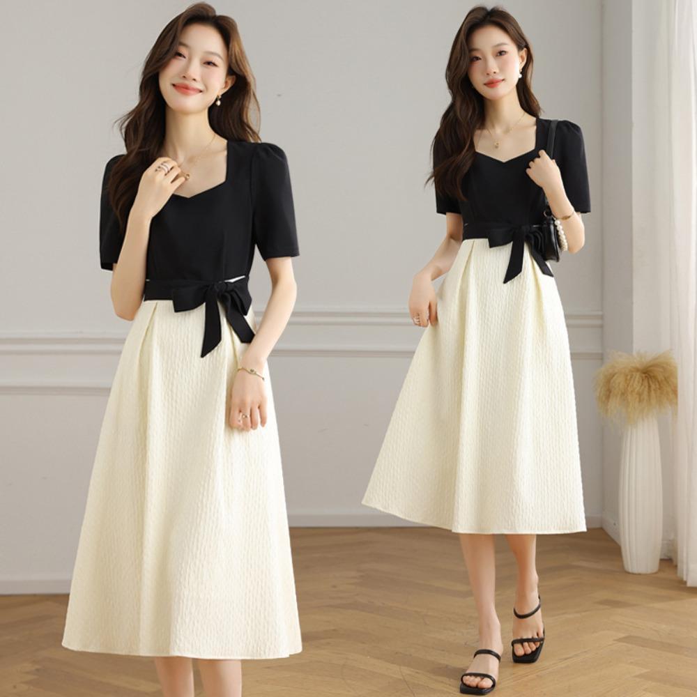 Women's Square Neck Short Sleeve A-Line Midi Dress High Waist Commuter Style Color Block Long Dress