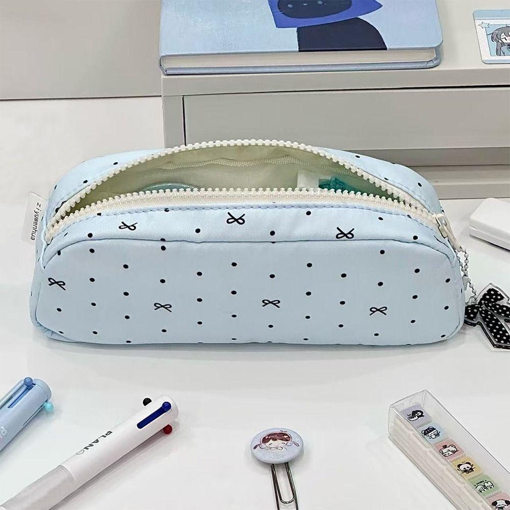 Velkokapacitní taška na pera s puntíky a mašlí, organizér na psací potřeby, INS penál pro studenty