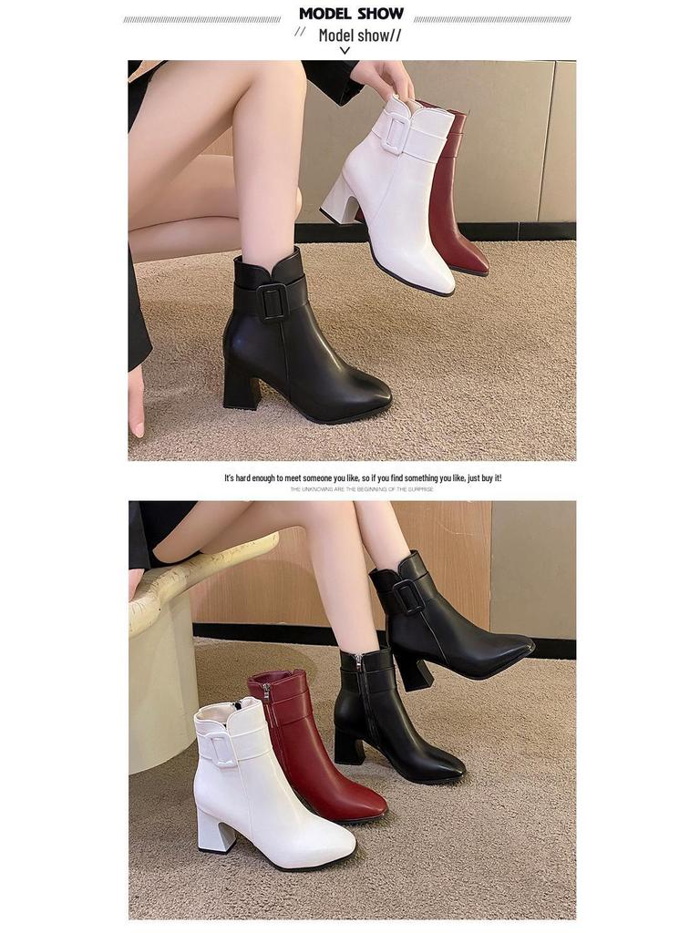 Damskie zimowe botki na klockowym obcasie ze skóry PU z bocznym zamkiem błyskawicznym, okrągłym noskiem i sztuczną pluszową podszewką