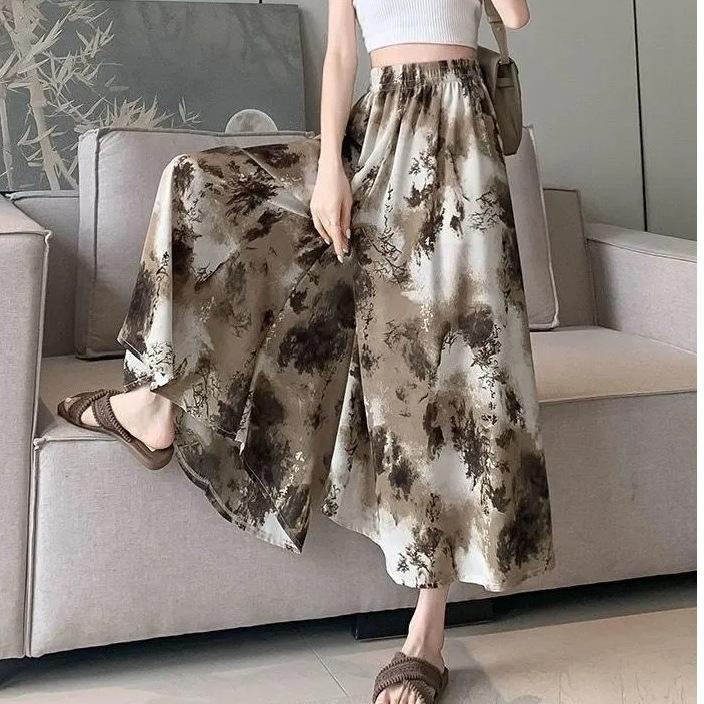Women's Wide Leg Pants Summer High Waist Ink Printed Lazy Skirt-Pants