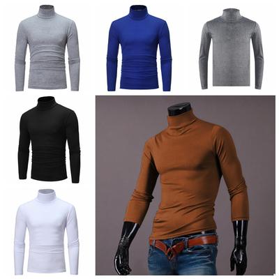Men Casual High Neck Long Sleeve T-shirt Solid Color Slim Fit Pullover Undershirt