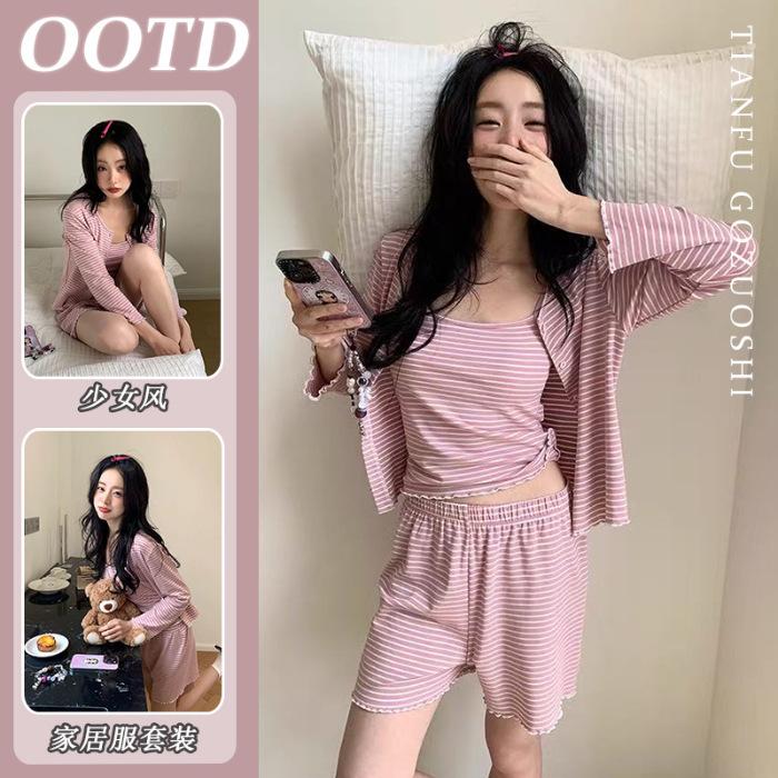 

[High-quality imitation cotton] Korean striped pajamas with chest pads and suspenders, women s summer sweet loungewear set three-piece set XXL