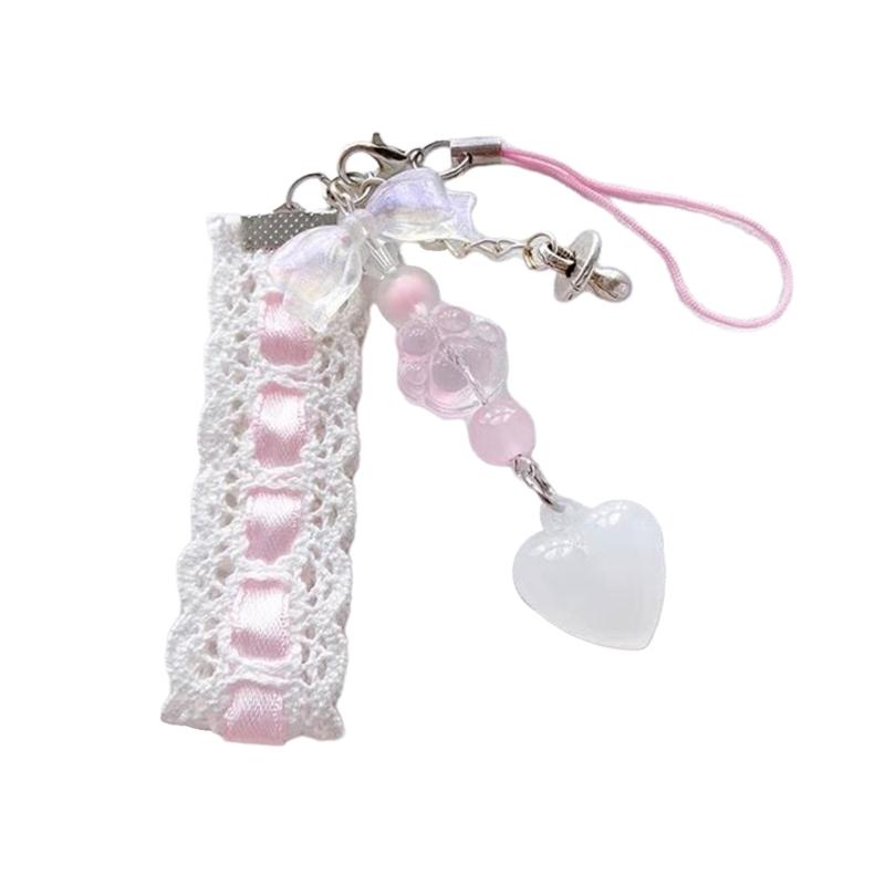 

Dainty Lace Ribbon Keyring Cute Heart Pendant Keychain Colorful Beaded Phone Lanyard Multi-Functional Bags Accessories розовый
