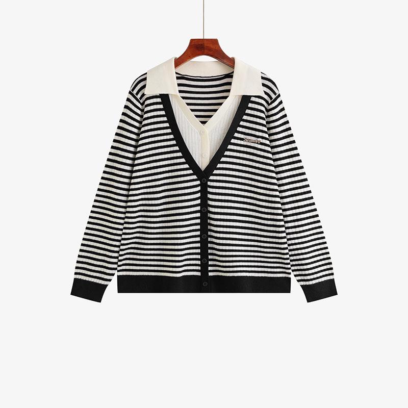 

Plus Size Women s Color Block Polo Collar Knit Top - Spring 2026 Loose Casual Two-Piece Look XXXL (180-220 jin)