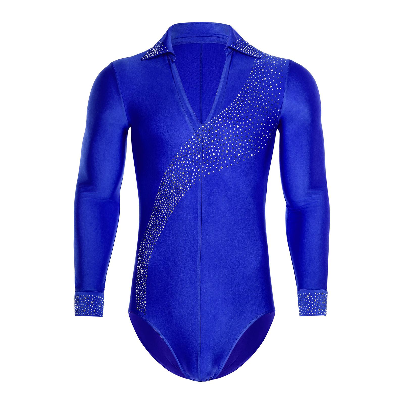 

Mens Shiny Rhinestones Latin Dance Leotard Turn Down Collar V Neck Long Sleeve Button Shirt S