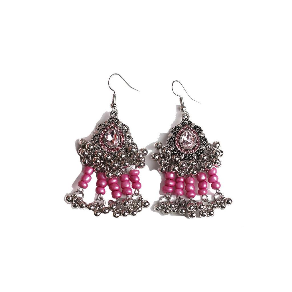 Boucles d'oreilles ethniques européennes-américaines bohèmes à strass et clochettes perlées - Style rétro audacieux