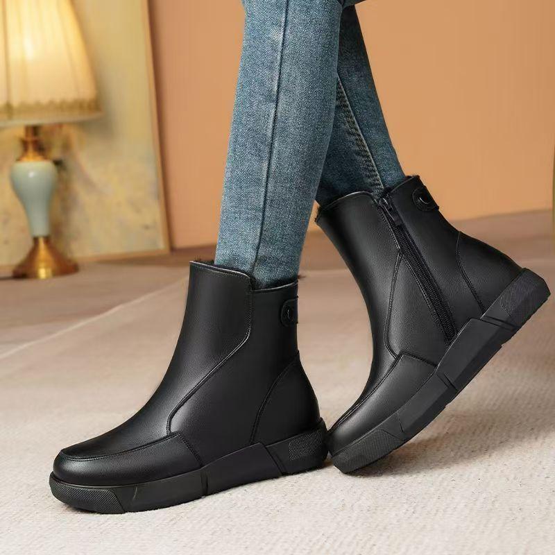 Women's Winter Leather Big Size Flat sole Snow Boot Thick Sole Non Slip Round Toe High Top Waterproof Plush Warm Cotton Boots