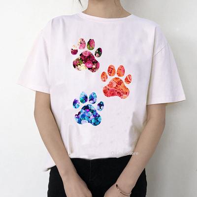 Tropical Rose Paw Print T-Shirt Women Funny Tshirt Femme Harakuju Kawaii Clothes Summer Tops Female T-Shirt Streetwear