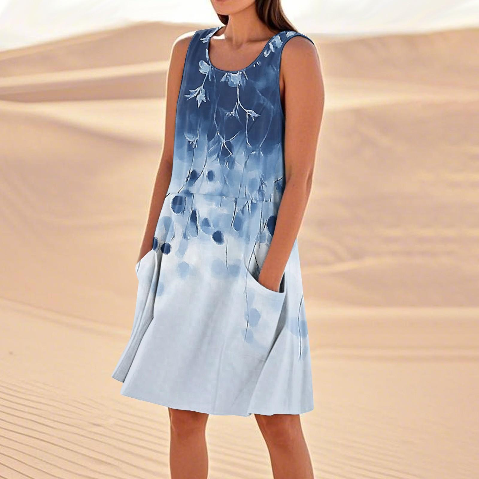 

Print Dresses For Women Loose Beach Vacation Casual Sleeveless Sundresses With Pockets Tank Dress L
