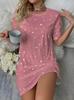 Women's Fashion Dotted Print Short Sleeve Dress - Casual Round Neck