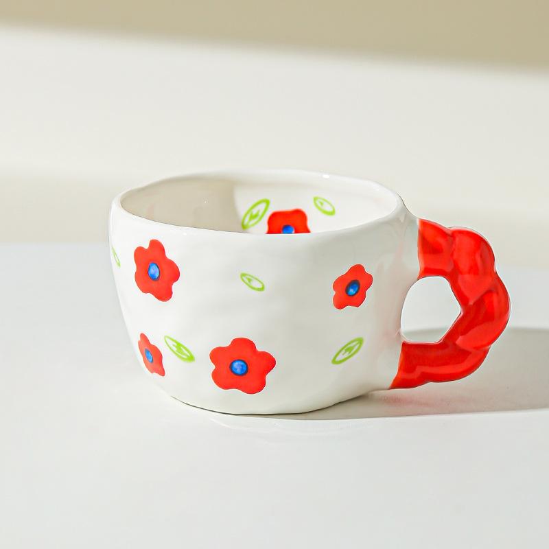Retro Hand Painted Flowers Handmade Irregular Cute Cup Ceramic Coffee Cup Design Sense Coffee Cup Household Water Cup
