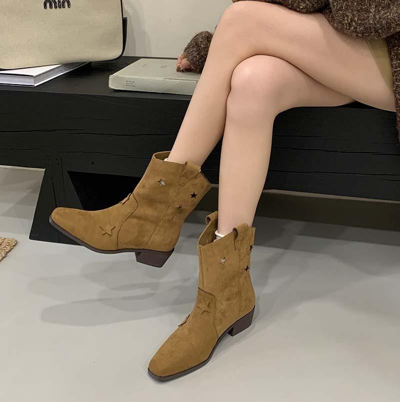 Anti-fur short boots hollow stars western cowboy boots 2025 autumn boots V-mouth thin thick-soled medium boots